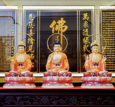 Tam thế Phật tọa đài sen đá thạch anh vẽ gấm 